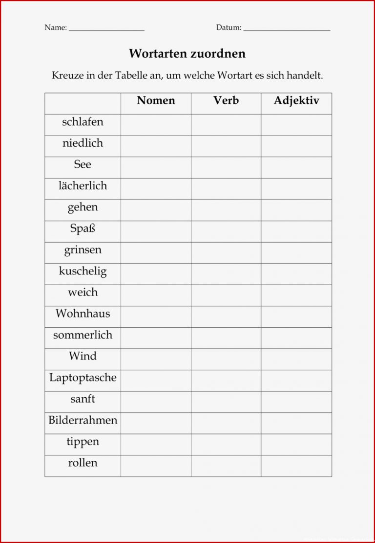 Wortarten Arbeitsblatt Grundschule Dennis Gordon Schule