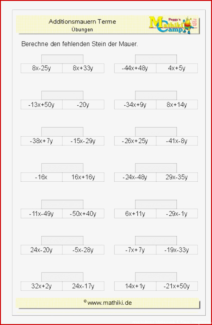 Zahlenmauern mit Termen (Klasse 7/8) - kostenloses Arbeitsblatt ...